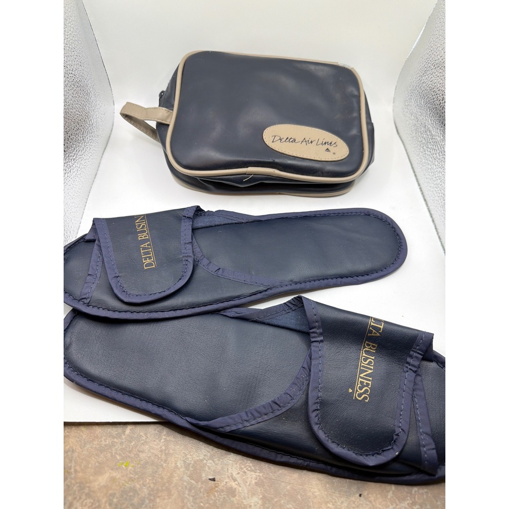 Vintage Delta Air Lines Business Class Amenity Kit Navy Travel Bag and Slippers